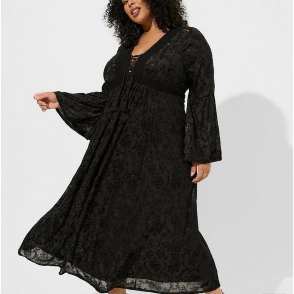 Torrid maxi velvet burnout lace up bell sleeve dress